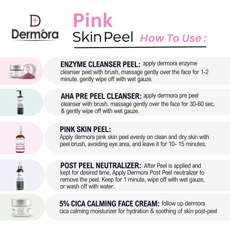 Dermora Professional Pink Skin Peel Kit With 5-Steps | Enzyme Cleanser Peel (12g) | Pre Peel Cleanser (100ml) | Pink Skin Peel (30ml) | Post Peel Neutralizer (100ml) | CICA Calming Face Cream (30ml)