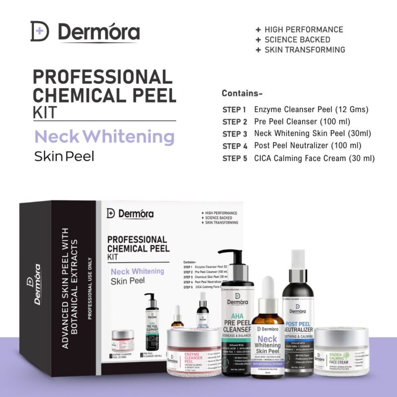 Dermora Professional Neck Whitening Peel Kit With 5-Steps | Enzyme Cleanser Peel (12g) | Pre Peel Cleanser (100ml) | Neck Whitening Peel (30ml) | Post Peel Neutralizer (100ml) | CICA Calming Face Cream (30ml)