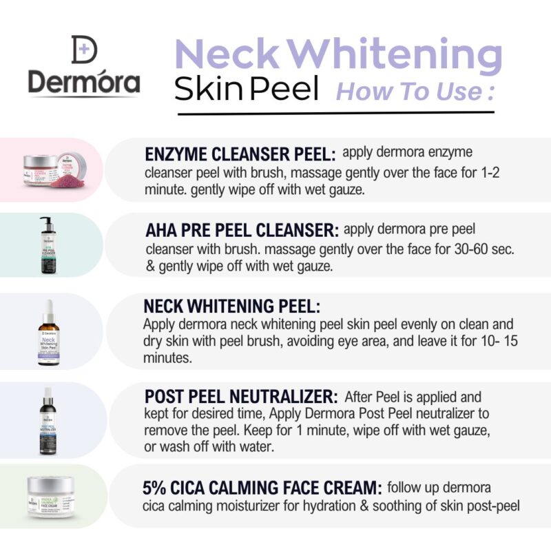 Dermora Professional Neck Whitening Peel Kit With 5-Steps | Enzyme Cleanser Peel (12g) | Pre Peel Cleanser (100ml) | Neck Whitening Peel (30ml) | Post Peel Neutralizer (100ml) | CICA Calming Face Cream (30ml)