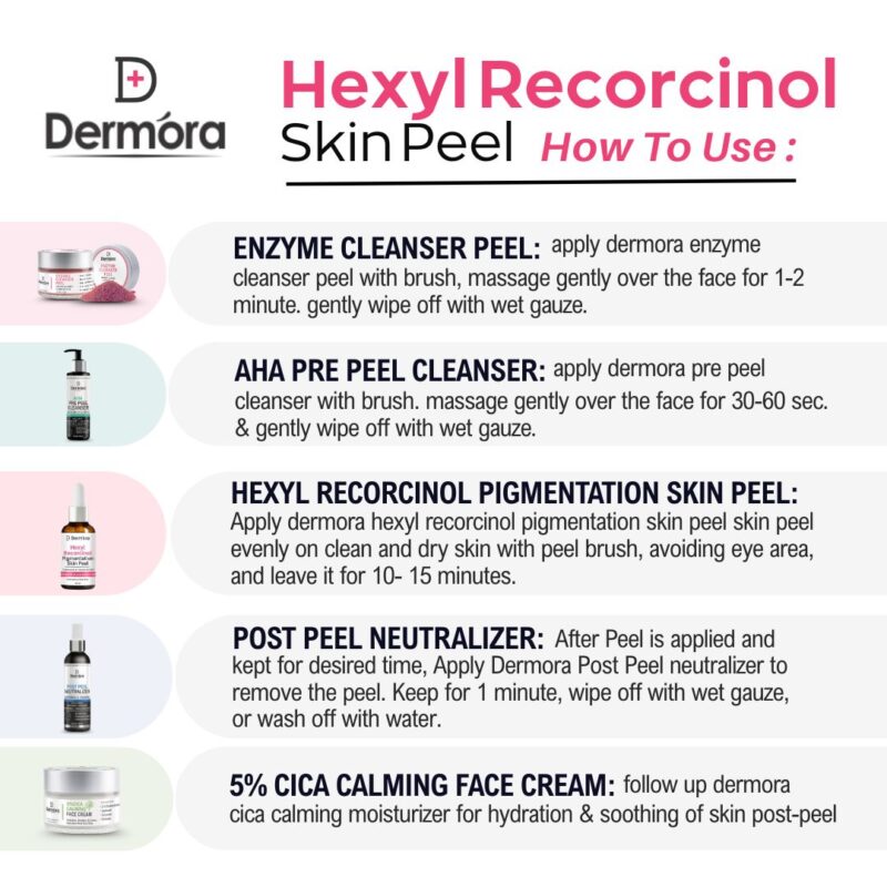 Dermora Professional Hexyl Recorcinol Skin Peel Kit With 5-Steps | Enzyme Cleanser Peel (12g) | Pre Peel Cleanser (100ml) | Hexyl Recorcinol Skin Peel (30ml) | Post Peel Neutralizer (100ml) | CICA Calming Face Cream (30ml)
