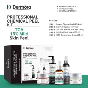 Dermora Professional 15% TCA Mild Skin Peel Kit With 5-Steps | Enzyme Cleanser Peel (12g) | Pre Peel Cleanser (100ml) | 15% TCA Mild Skin Peel (30ml) | Post Peel Neutralizer (100ml) | CICA Calming Face Cream (30ml)