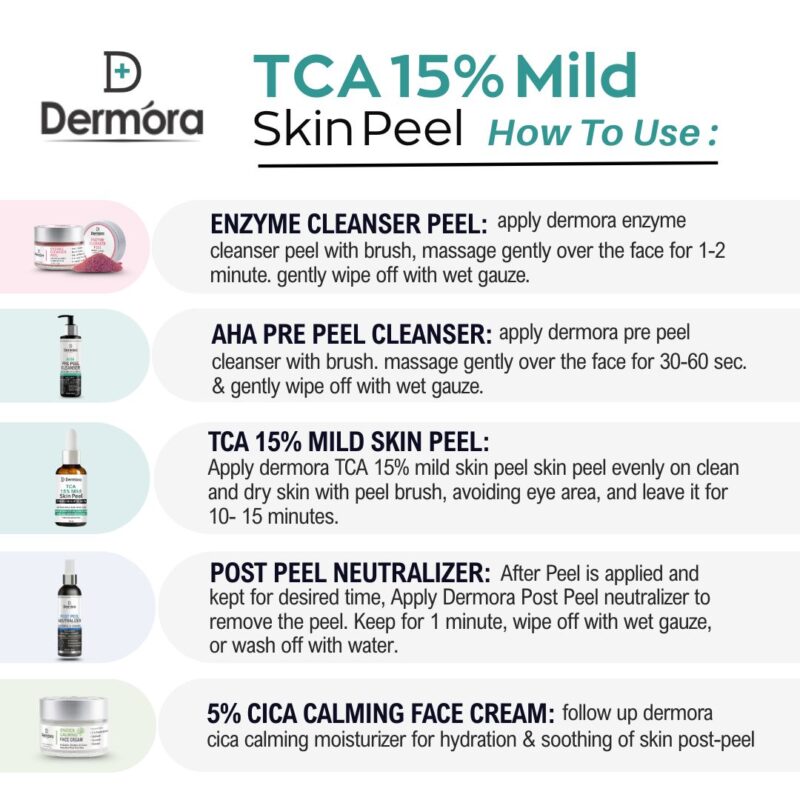 Dermora Professional 15% TCA Mild Skin Peel Kit With 5-Steps | Enzyme Cleanser Peel (12g) | Pre Peel Cleanser (100ml) | 15% TCA Mild Skin Peel (30ml) | Post Peel Neutralizer (100ml) | CICA Calming Face Cream (30ml)