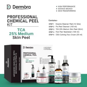 Dermora Professional 25% TCA Mild Skin Peel Kit With 5-Steps | Enzyme Cleanser Peel (12g) | Pre Peel Cleanser (100ml) | 25% TCA Mild Skin Peel (30ml) | Post Peel Neutralizer (100ml) | CICA Calming Face Cream (30ml)
