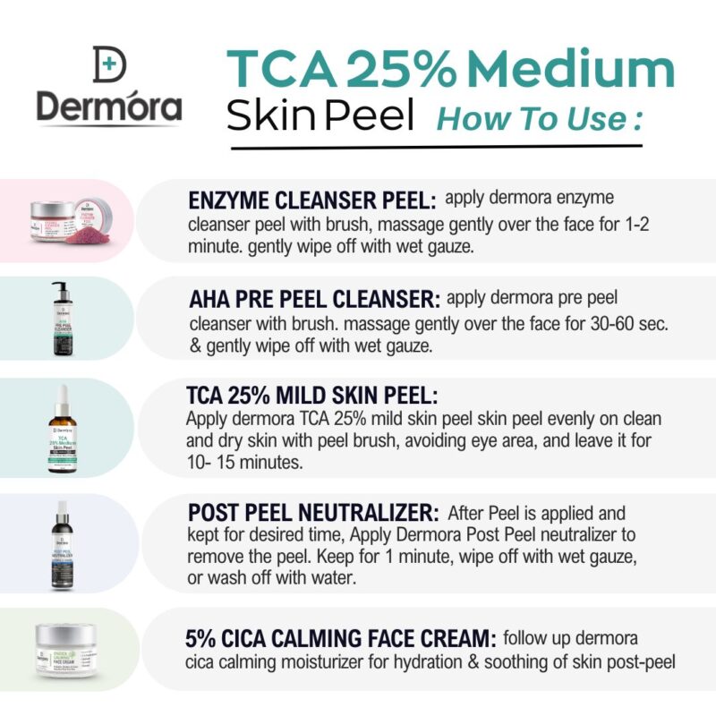 Dermora Professional 25% TCA Mild Skin Peel Kit With 5-Steps | Enzyme Cleanser Peel (12g) | Pre Peel Cleanser (100ml) | 25% TCA Mild Skin Peel (30ml) | Post Peel Neutralizer (100ml) | CICA Calming Face Cream (30ml)